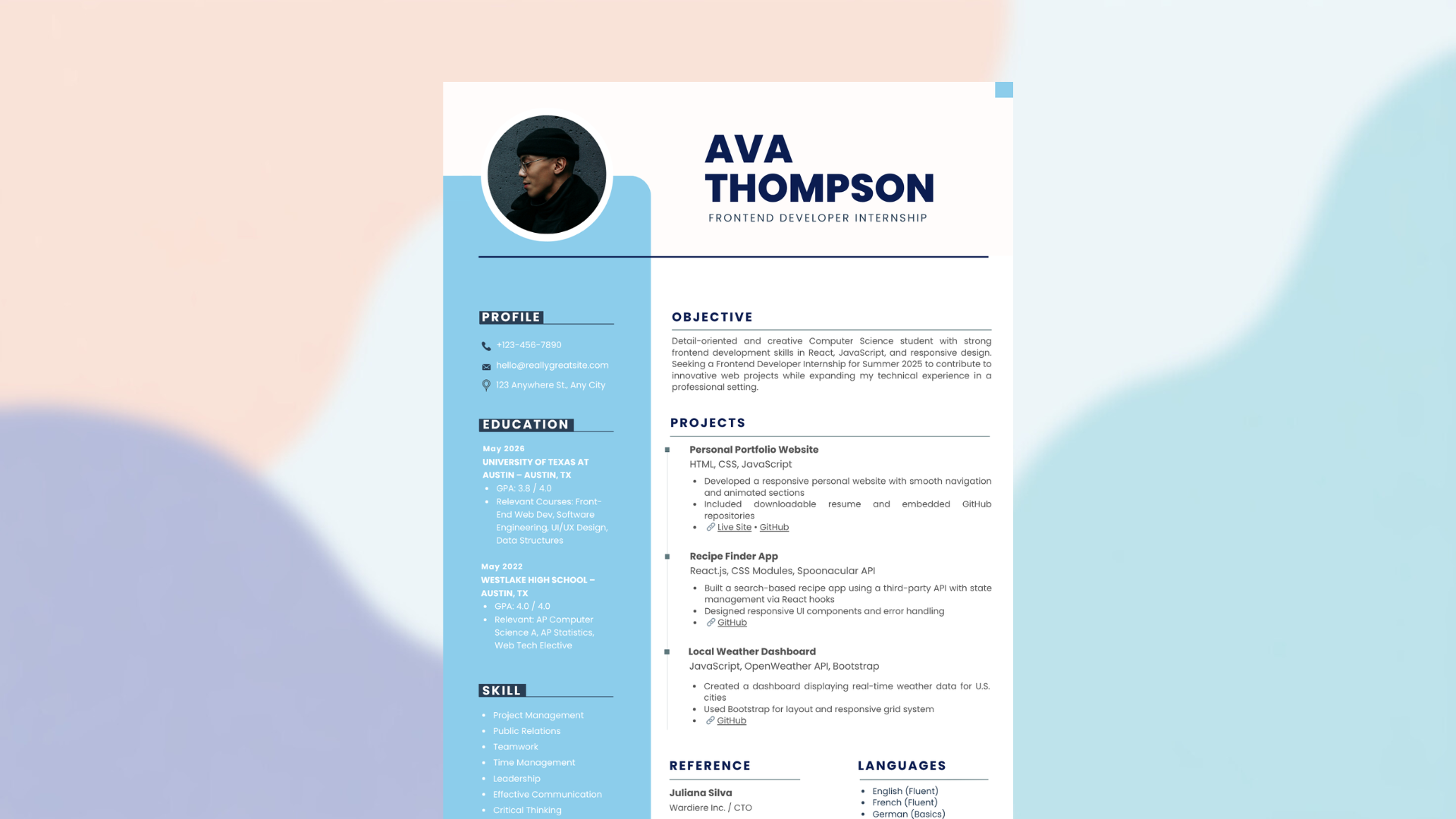 Frontend Developer Intern Resume